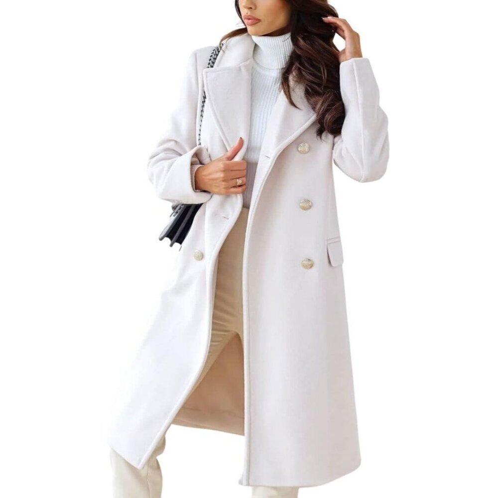 Women's White Winter Lapel Double Breasted Office Work Long Wool Pea Coat